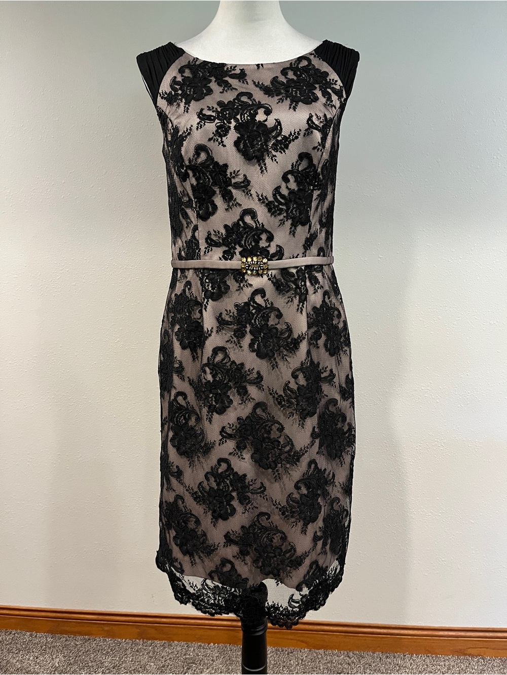 Teri Jon Elegant Black Lace Overlay Sheath Dress with Taupe Lining size 10